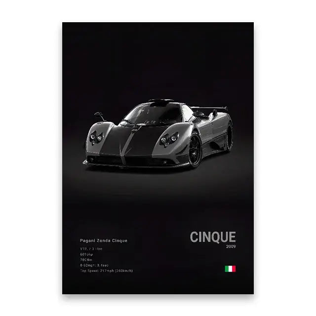 DecorBites™ luxury cars canvas wall art print featuring black and silver Pagani Zonda Cinque sports car poster