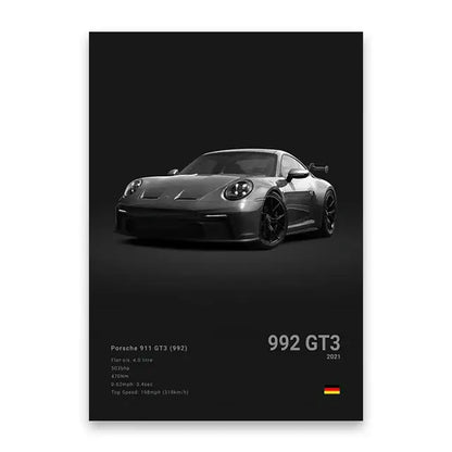 Decorbites luxury cars canvas wall art print featuring a black porsche 911 gt3 matte finish sports car for modern decor