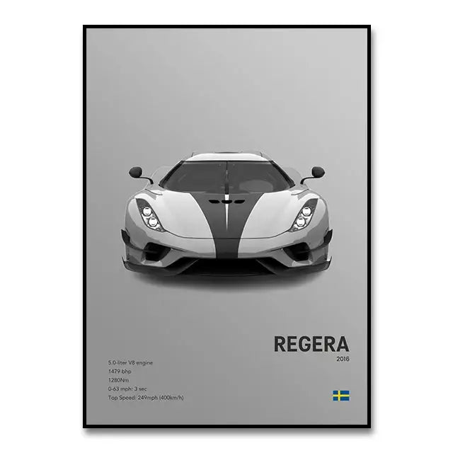 Black and white canvas wall art featuring a koenigsegg regera 2016 sports car for luxury home decor