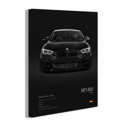 Black bmw m140i 2016 canvas wall art print with glossy finish and minimalist design for modern home decor