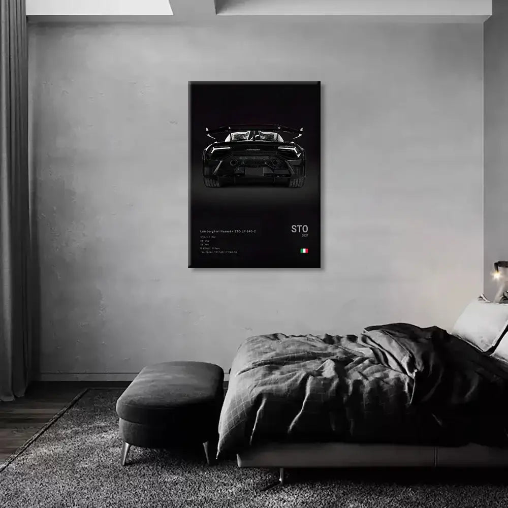 Black framed canvas wall art print featuring monochrome rear view illustration of lamborghini huracán sto 2017 for modern decor