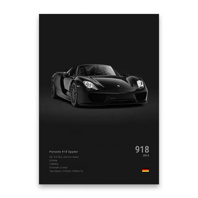 Black-and-white luxury sports cars canvas wall art print featuring Porsche 918, Pagani Cinque, and Ferrari LaFerrari for modern decor