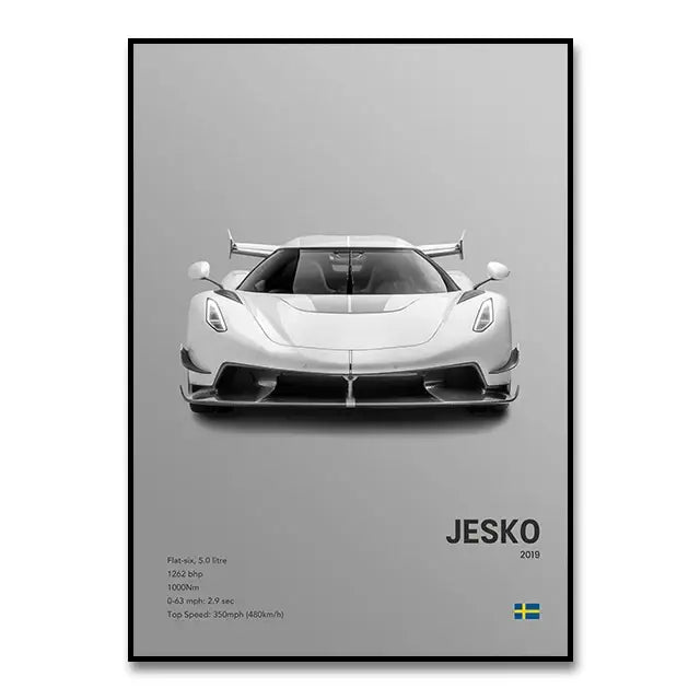 Black-framed canvas wall art featuring a monochrome illustration of the white 2019 koenigsegg jesko hypercar for luxury decor