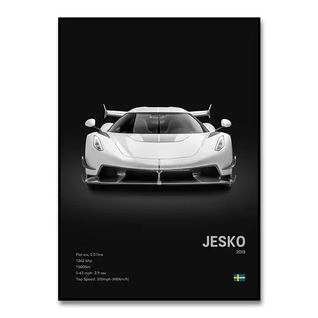 White koenigsegg jesko hypercar canvas wall art print with technical specs on black background for modern home decor