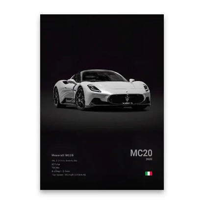 White maserati mc20 sports car poster with sleek aerodynamic design and black alloy wheels cars canvas wall art print