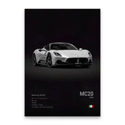 White maserati mc20 sports car canvas wall art featuring sleek aerodynamic design and black alloy wheels for modern decor