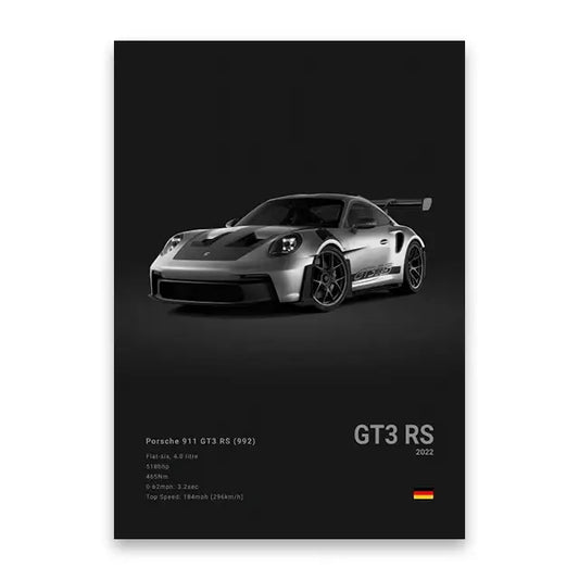 Silver porsche 911 gt3 rs canvas wall art print with black racing stripes and performance specs for cars canvas wall decor