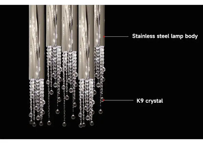 Elegant chrome crystal led chandelier with sleek stainless steel body and cascading k9 crystal strands for staircase