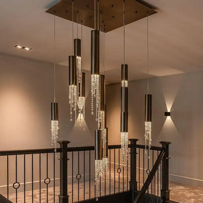 Modern bronze cylindrical chrome crystal led chandelier with cascading crystal droplets for staircase lighting