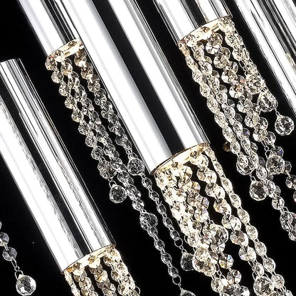 Decorbites™ luxury chrome crystal led chandelier with sleek cylindrical arms and cascading crystal beads for staircase