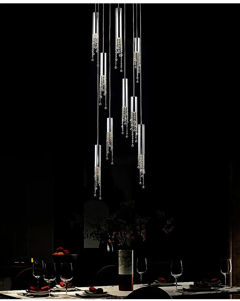 DecorBites luxury chrome crystal led chandelier with cascading crystal droplets for staircase lighting