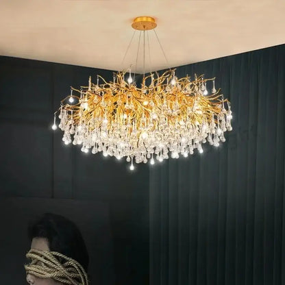 Decorbites luxury crystal chandelier with golden branch design and cascading clear crystal droplets for home decor