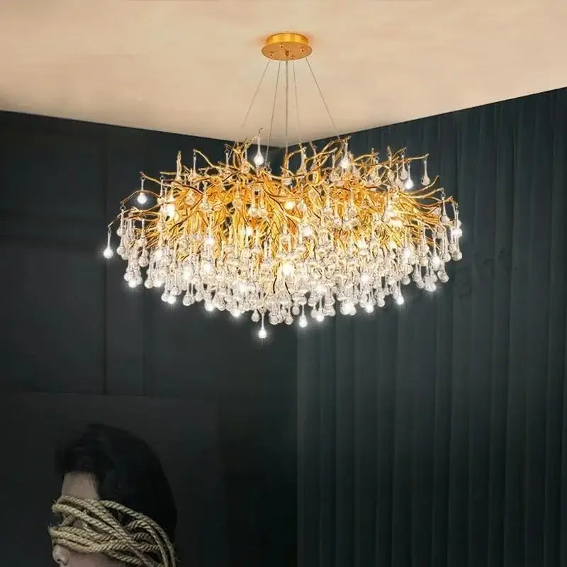 Decorbites luxury crystal chandelier with golden branch design and cascading clear crystal droplets for home decor