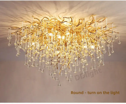 DecorBites luxury crystal chandelier with golden branch design and cascading clear crystal droplets for elegant home decor