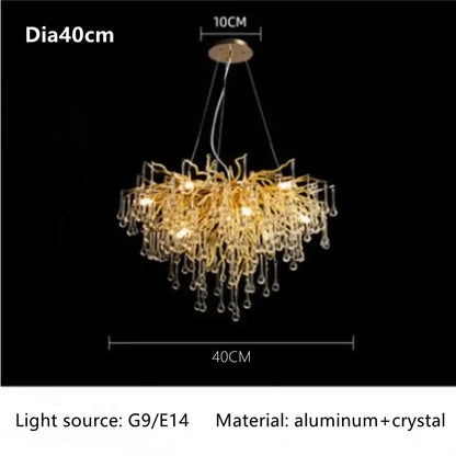 DecorBites™ luxury crystal chandelier with intricate golden aluminum branches and dangling crystal droplets for home decor