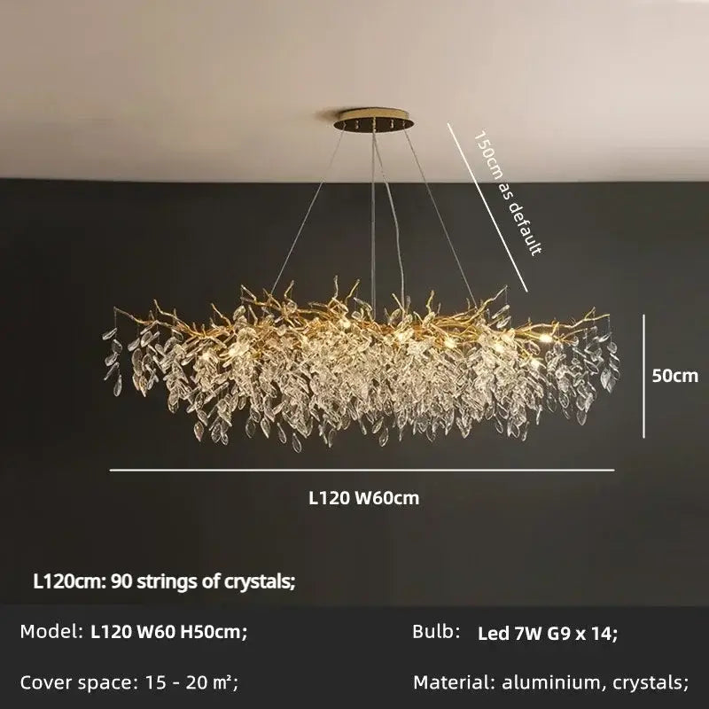 Gold-toned DecorBites luxury crystal chandelier with cascading clear crystal leaves and LED lights for living room use