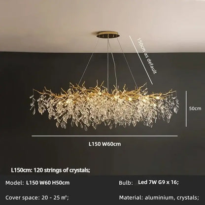 Gold-toned decorbites luxury crystal chandelier with intricate crystal leaves and LED lights for living room decor