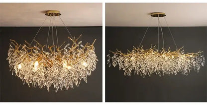 DecorBites™ luxury crystal chandelier with gold-toned intricate crystal leaves and LED lights for living room decor