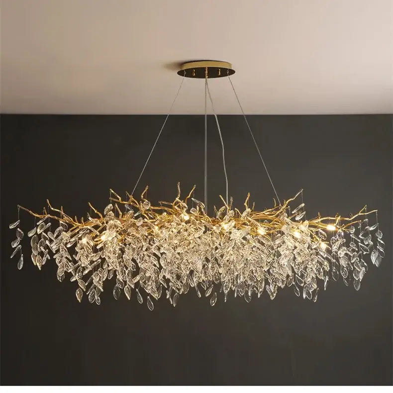 DecorBites™ luxury crystal chandelier with golden branch design and clear crystal leaves for living room lighting