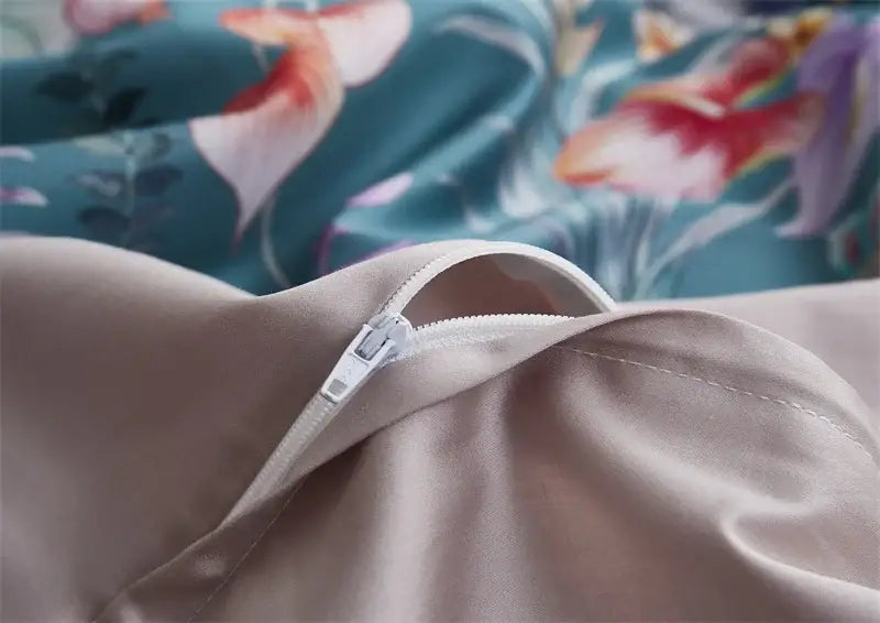 Beige satin pillowcase with white zipper closure from DecorBites luxury egyptian cotton duvet cover set flamingo leaf