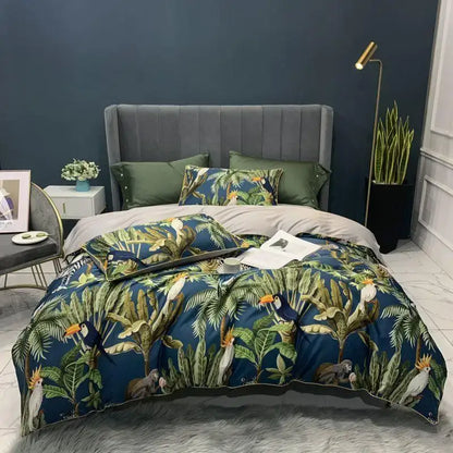 Blue tropical bird and foliage printed duvet cover set with pillowcases in luxury egyptian cotton from DecorBites