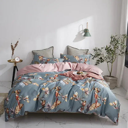 Blue floral duvet cover with pink satin-like inner lining and matching pieces pillowcases in egyptian cotton