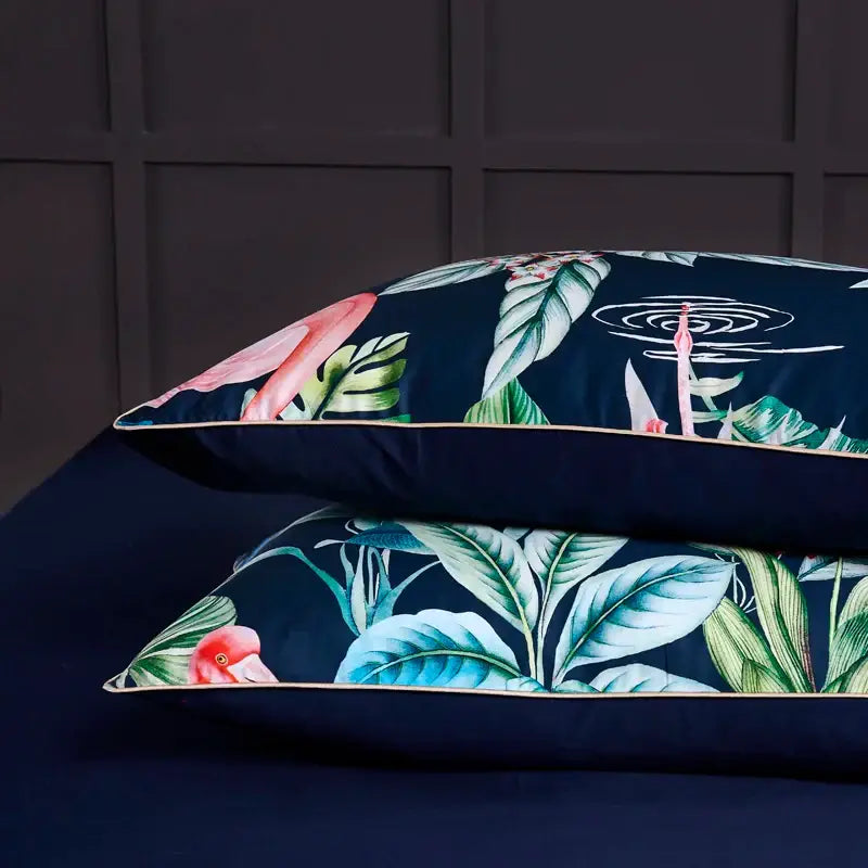 Dark blue decorbites™ luxury egyptian cotton pillowcases 48*74cm with vibrant tropical flamingo leaf print and gold piping