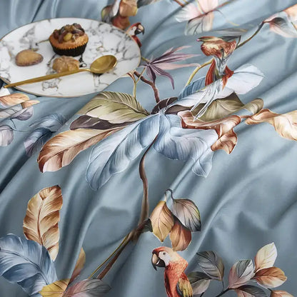 Light blue satin duvet cover with tropical parrots and leaves in brown gold and muted green by decorbites luxury egyptian cotton bedding set pieces pillowcases 48*74cm