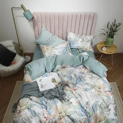 Decorbites luxury egyptian cotton duvet cover set with pastel green and white floral design and matching pillowcases