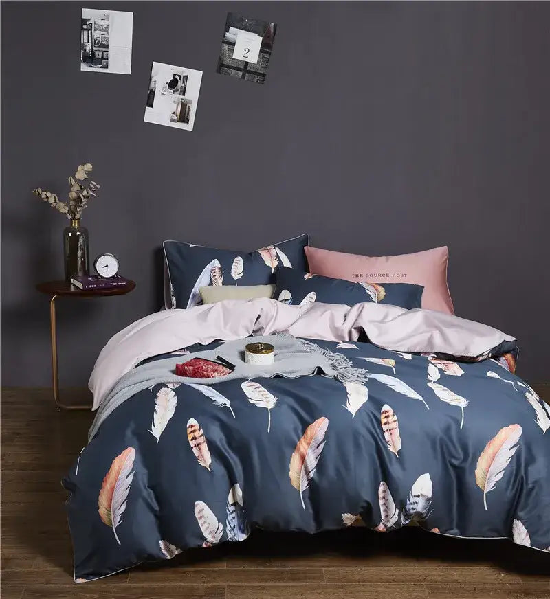 Navy blue feather-print duvet cover set with coordinating pink and beige pieces pillowcases 48*74cm in egyptian cotton