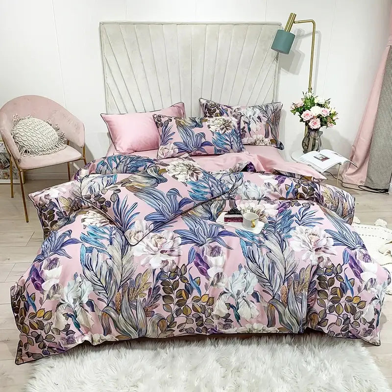 DecorBites luxury egyptian cotton duvet cover set with pink floral print in blue white and purple featuring pillowcases