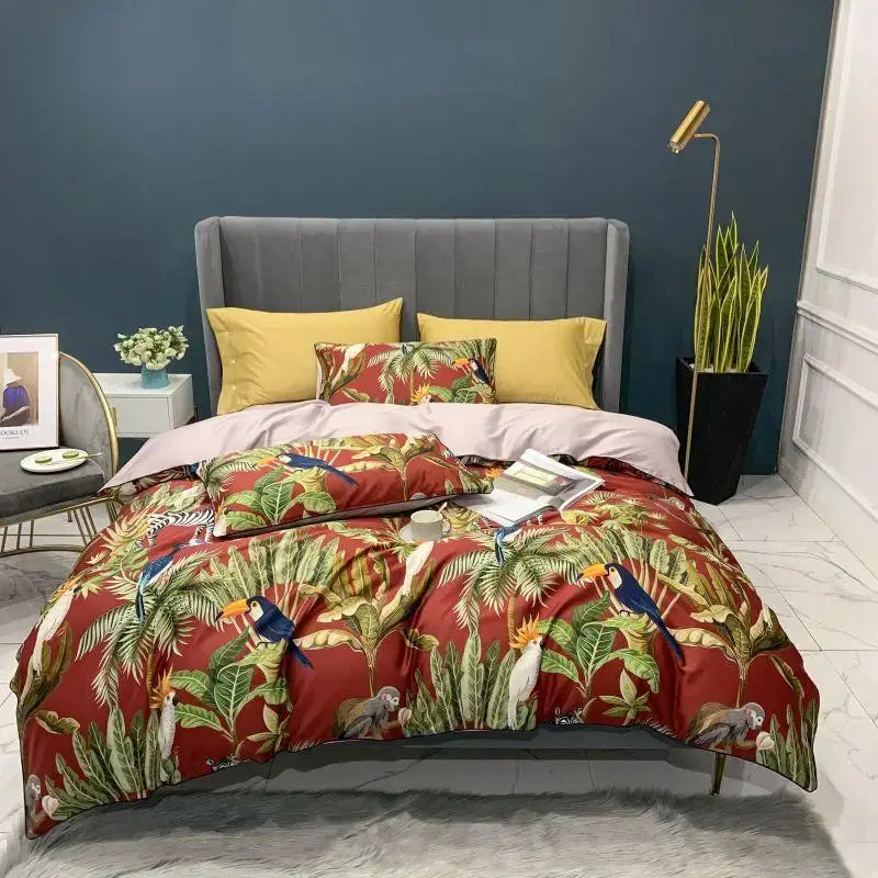 Decorbites luxury egyptian cotton duvet cover set in vibrant red with toucans parrots and lush foliage print