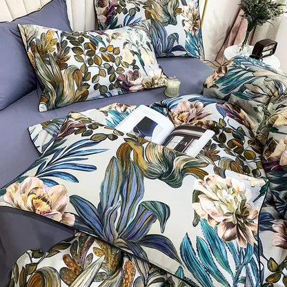 Decorbites luxury egyptian cotton duvet cover and pillowcases set with flamingo leaf print in soft blues greens golds and creams