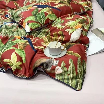 DecorBites luxury Egyptian cotton duvet cover with vibrant green leaves and colorful birds in red satin finish
