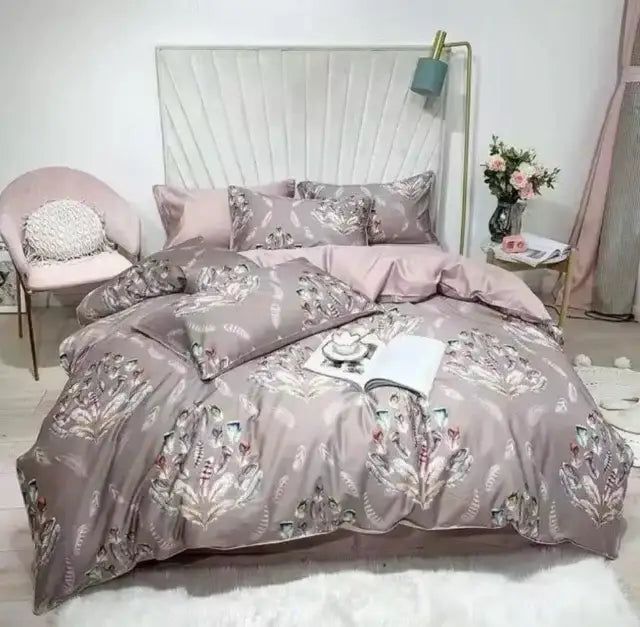 Decorbites luxury egyptian cotton duvet cover set in soft mauve satin with floral pattern and pieces pillowcases 48 74cm
