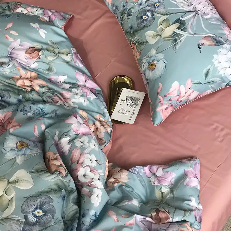 Decorbites™ luxury egyptian cotton duvet cover set with soft teal floral print and matching pillowcases in satin fabric