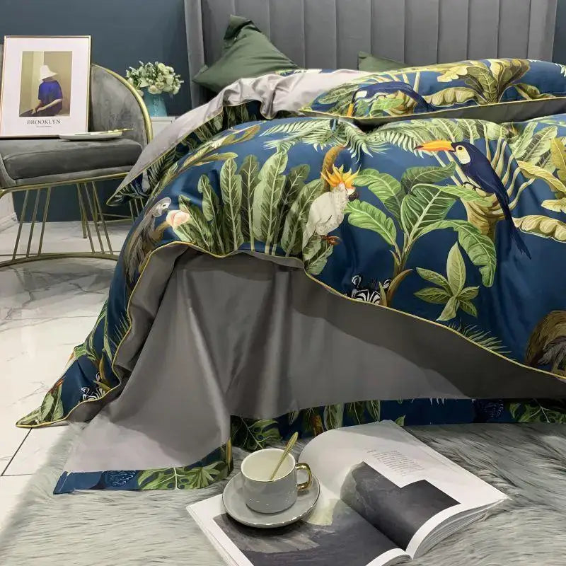 DecorBites™ luxury egyptian cotton duvet cover with blue tropical leaves and colorful toucans, satin finish pillowcases