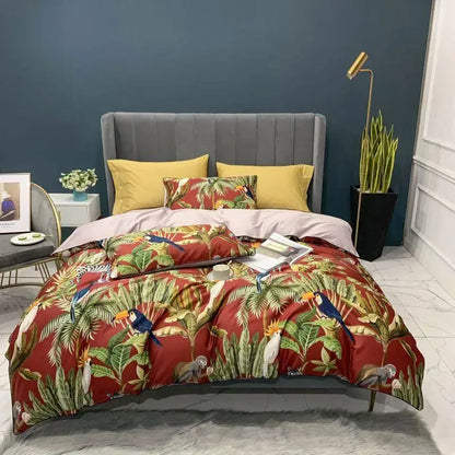 DecorBites luxury egyptian cotton duvet cover set in vibrant red with toucans parrots and lush foliage pillowcases