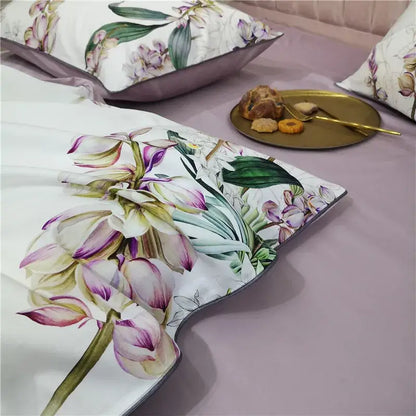 White pillow sham with detailed purple and green orchid print in egyptian cotton from decorbites luxury bedding set
