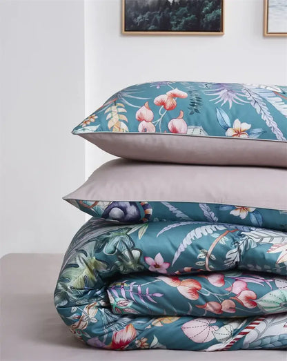 DecorBites™ luxury Egyptian cotton duvet cover with teal floral pattern pink white blossoms and green leaves
