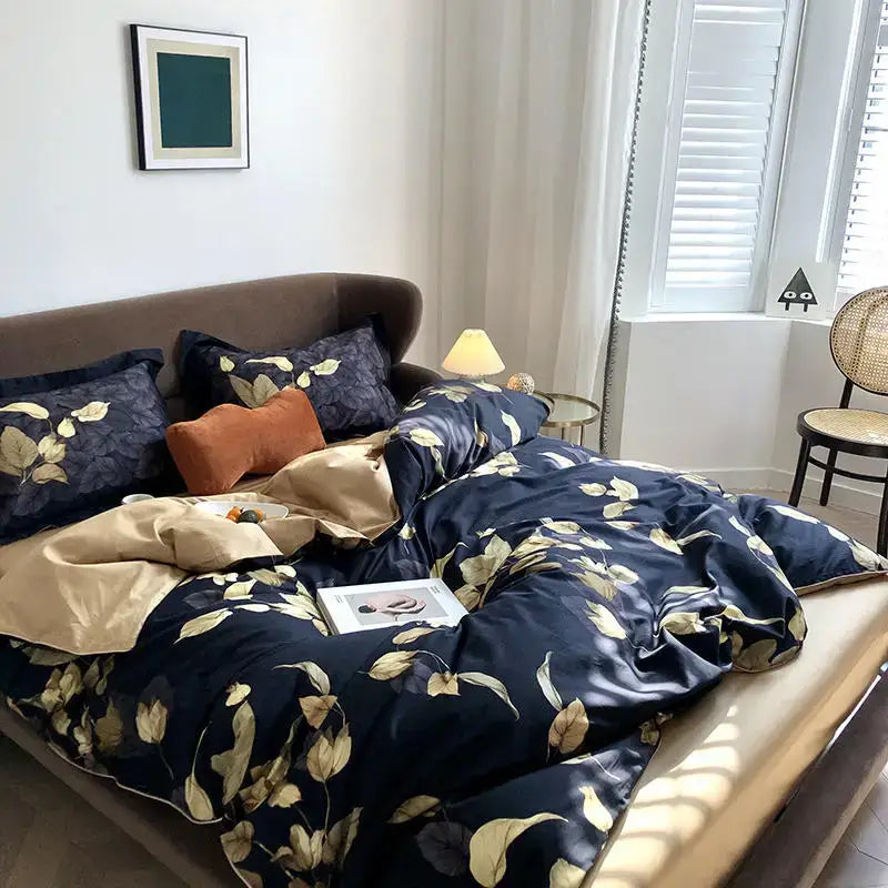 DecorBites luxury egyptian cotton navy blue satin duvet cover with gold leaf pattern and matching pillowcases pieces