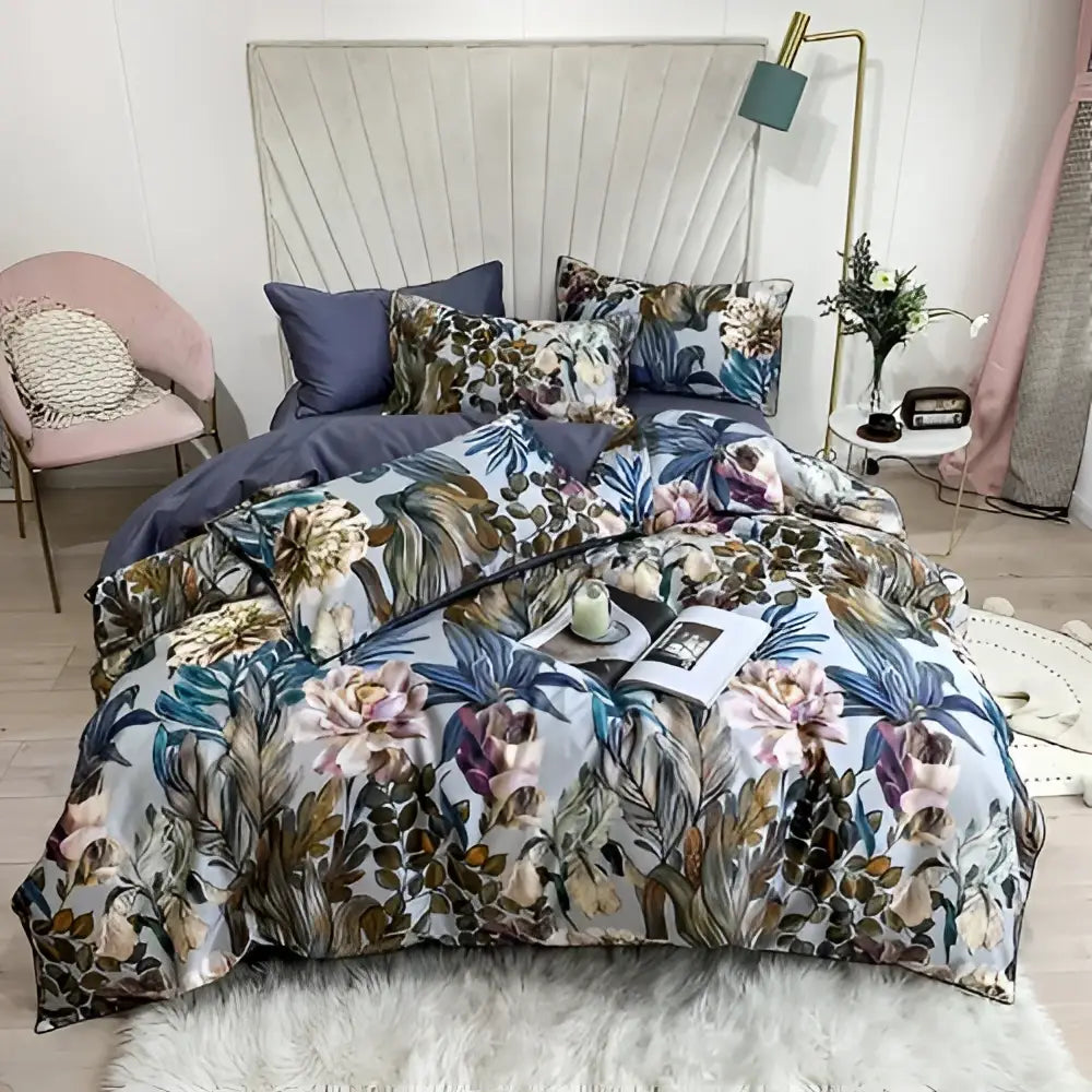 DecorBites™ luxury egyptian cotton duvet cover set with botanical pastel floral design and matching pillowcases