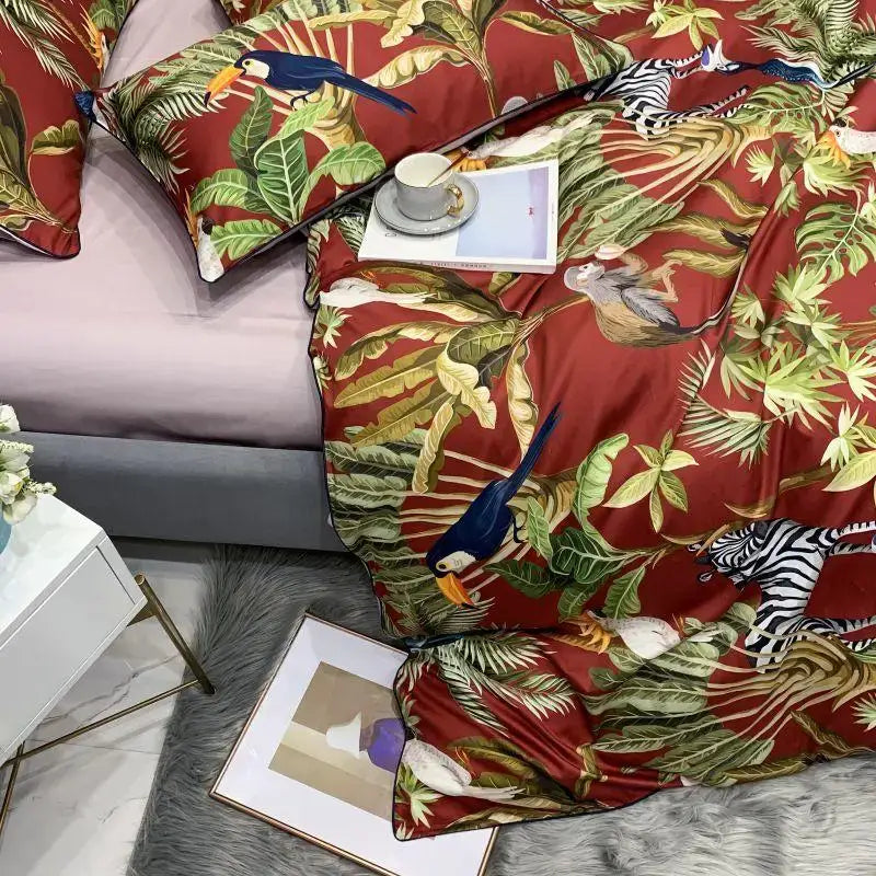 Decorbites™ luxury egyptian cotton duvet cover with red satin tropical jungle pattern featuring toucans and zebras
