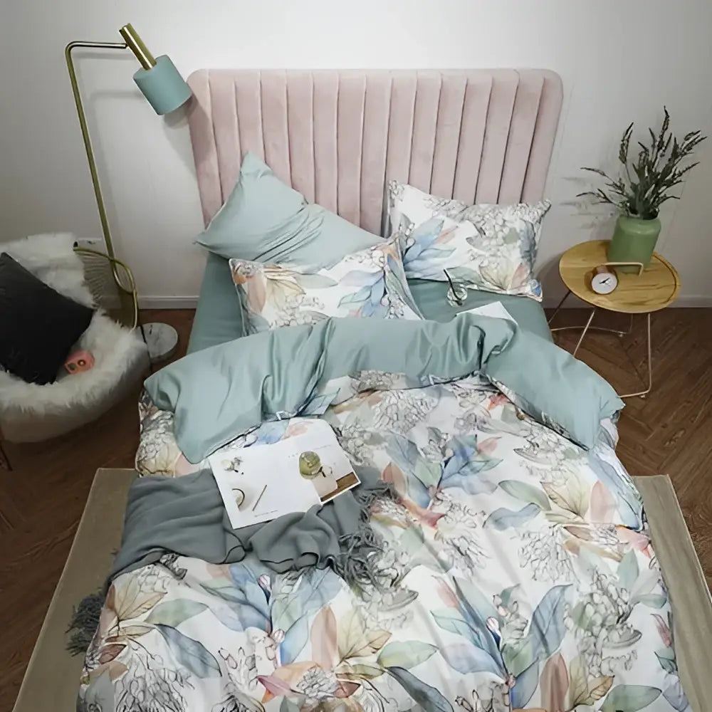 DecorBites luxury egyptian cotton duvet cover set with pastel green and white floral design and soft satin fabric