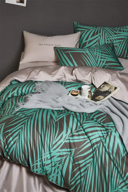 Teal and gray palm leaf patterned duvet cover set in egyptian cotton with pillowcases from decorbites luxury bedding set