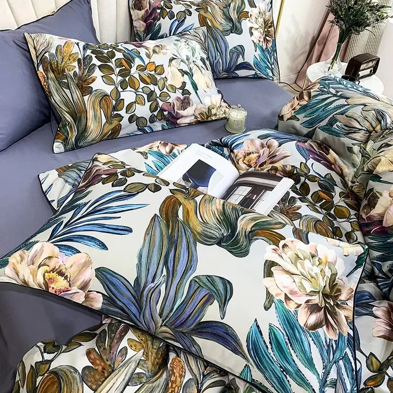 Decorbites luxury egyptian cotton duvet cover and pieces pillowcases with botanical floral leaf design in soft blues and greens