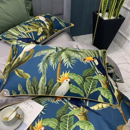 Blue tropical-themed pillow sham with vibrant parrots and gold trim from DecorBites™ egyptian cotton bedding set