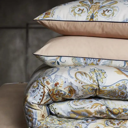 DecorBites™ luxury egyptian cotton duvet cover and pillowcases set in cream gold blue paisley flamingo design on soft fabric