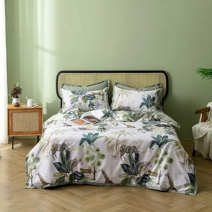 White duvet cover with vibrant jungle animal print featuring zebras and giraffes made of egyptian cotton by decorbites luxury bedding set