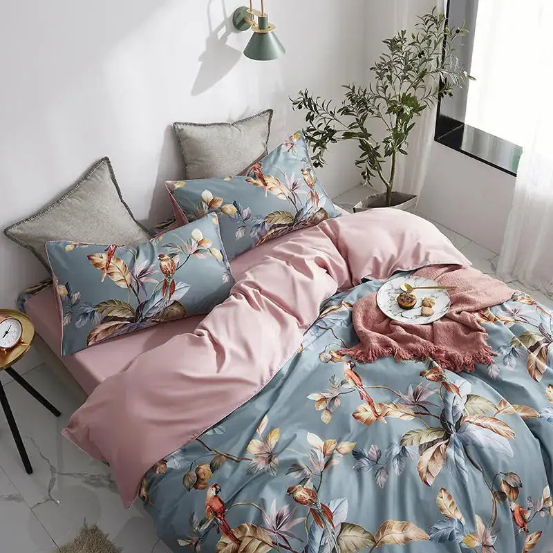 Decorbites™ luxury egyptian cotton duvet cover set with pastel blue and pink floral flamingo design and pillowcases